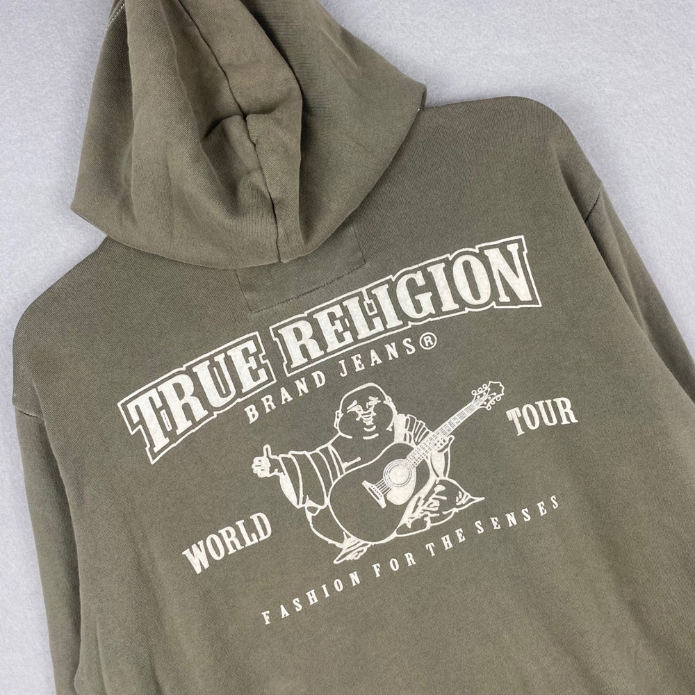 True Religion Mens Olive Green World Tour Buddha Full Zip Hoodie Size M